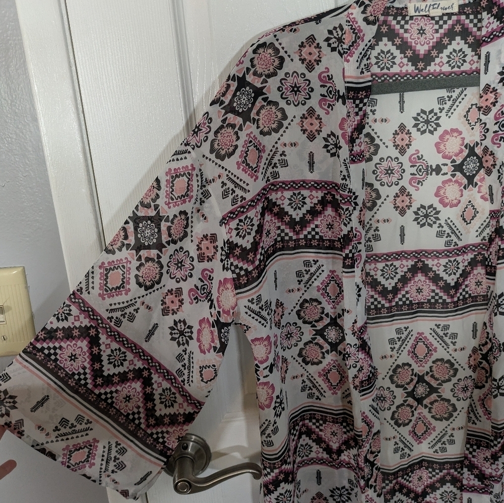 Wallflower Sheer Geometric Floral Print Bohemian Open Front Kimono Top Size L - Picture 4 of 6